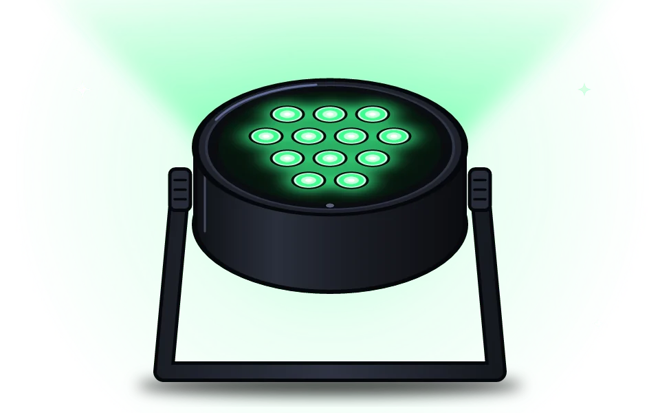 Illustration: flacher Party-Scheinwerfer mit 12 grünen LEDs auf seinem Bügel
